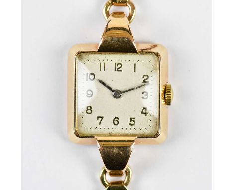 A lady's vintage 18ct yellow gold wristwatch with Arabic numerals to the square dial, on a 9ct yellow gold bracelet, combined