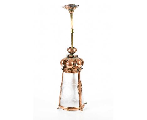 An Arts and Crafts copper and etched ceiling light, 64cm.