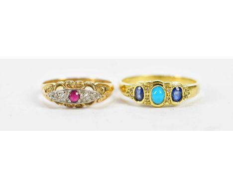 An 18ct yellow gold turquoise and sapphire three stone ring, size R, and a further 18ct yellow gold diamond and ruby ring, si