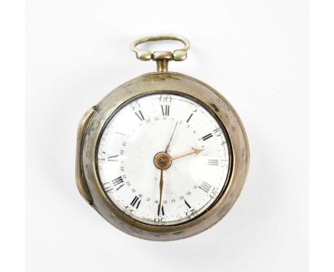 SYLVENS PHYLANDER; a George III hallmarked silver open faced key wind calendar pair cased pocket watch with fusée verge movem