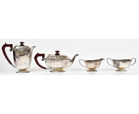 J B CHATTERLEY &amp; SONS LTD; an Elizabeth II hallmarked silver four piece tea service of square panelled form, relief decor