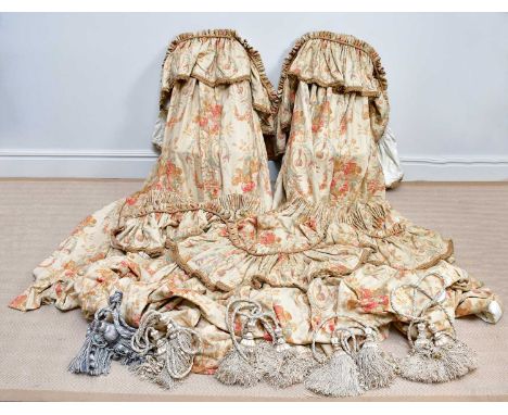 Two pairs of lined Beamont &amp; Fletcher floral beige gold, red and green silk curtains with box pleat and a French passemen