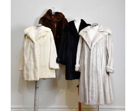 A full length mink dark brown fully lined coat, a 1950s short brown fur coat, a short cream fur coat and a full length grey v