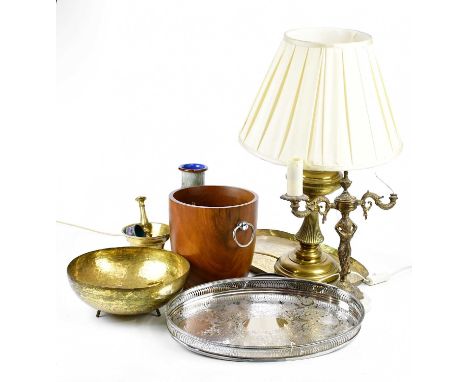 A collection of metalware, to include an Indian oval tray, length 46cm, a pestle and mortar, an oil lamp, etc, with a Royal D