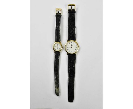 OMEGA; a lady's and matching gentleman's wristwatch, each with Roman numerals to the white enamel dials, presented in single 