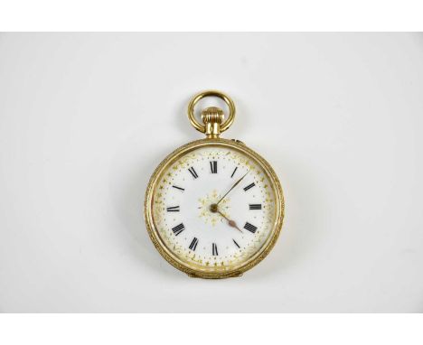 An 18ct yellow gold crown wind fob watch with Roman numerals to the white enamel dial and with base metal cuvette, diameter 3