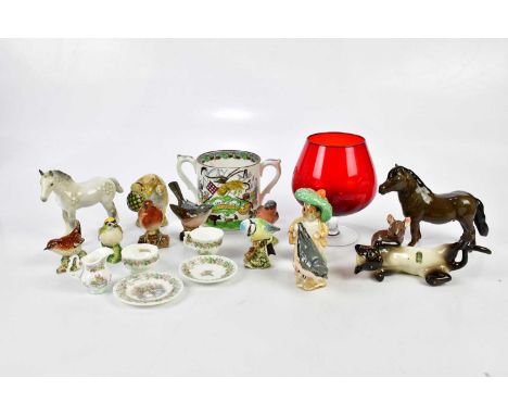 A small collection of ceramic figures including Beswick birds, Beswick horses, a Royal Albert 'Benjamin Bunny', etc.