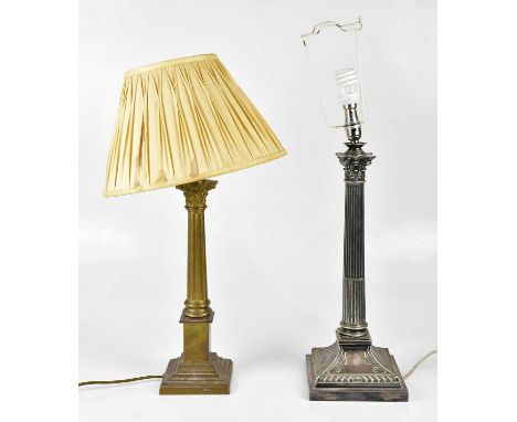 GOLDSMITHS COMPANY; a Victorian silver plated Corinthian column table lamp, on stepped base, height 48cm, and a modern Laura 