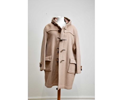 BURBERRY; a man's London Nova check 100% wool vintage duffle coat with buffalo horn front toggles and leather straps, flap fr