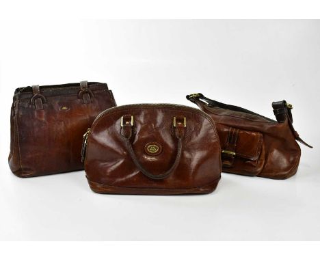 THE BRIDGE; three brown leather vintage handbags, including a top handle bag with zip top and detachable shoulder strap, a me