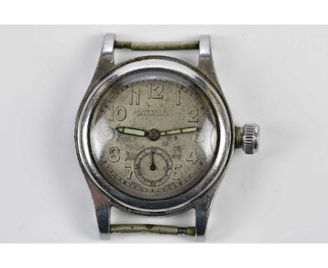 A vintage stainless steel Oyster Junior Sports watch with fifteen jewel movement and Arabic numerals to the dial with subsidi