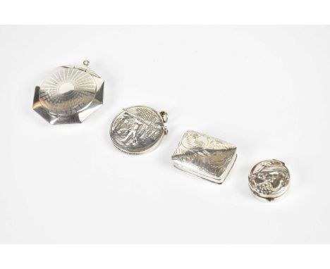 MARK HORTON LTD; a rectangular pill box with scroll decoration to the lid, stamped '925', with Art Nouveau and cricket exampl