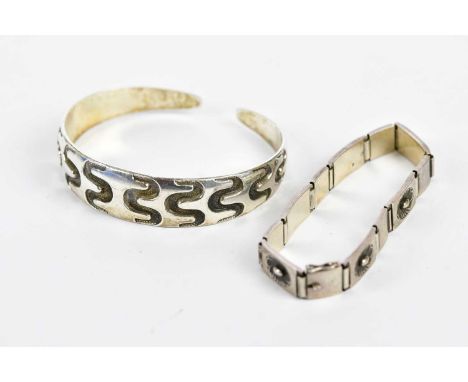 GEORG JENSEN; a sterling silver panel bracelet '56B', fully marked, length 18.5cm, approx 29.45g, also a sterling silver Davi