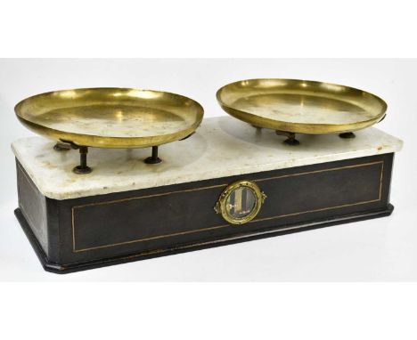 A set of late 19th/early 20th century French balance scales, with marble top and brass trays stamped 'A. Pouplier Paris', len