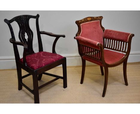 A George III style mahogany dining chair, in the Chippendale style, with scroll arms, on moulded legs, height 96cm.  