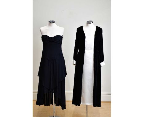 KARL LAGERFELD; a short black 100% silk strapless evening dress with draped long train to back, with large front bow to chest