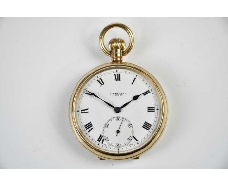 BENSON; a 9ct gold crown wind pocket watch, the enamel dial with Roman numerals and subsidiary seconds dial, gross weight, 87