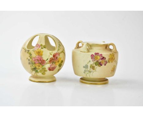 ROYAL WORCESTER; a blush ivory pot pourri decorated with floral sprays, numbered 991, height 9cm, and a similar four handled 