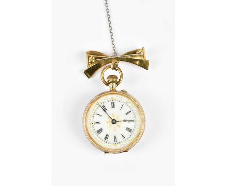 A 14ct yellow gold crown wind open face fob watch with Roman numerals to the white enamel dial, base metal cuvette and associ