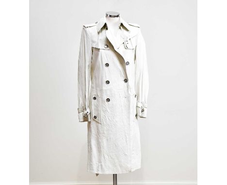 BURBERRY; a cream soft nappa leather full length trench coat, with double breasted front, gun metal tone buttons with maker's