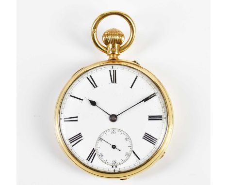 An 18ct yellow gold open face pocket watch, the white enamel dial set with Roman numerals and subsidiary dial, approx. 86.6g.