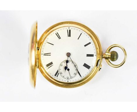 An 18ct yellow gold crown wind half hunter pocket watch, with Roman numerals to the white enamel dial and with engraved 18ct 