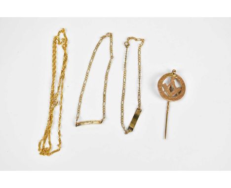 A group of 9ct gold jewellery, including a Masonic stick pin, a pair of children's identity bracelets, and a fine link chain,