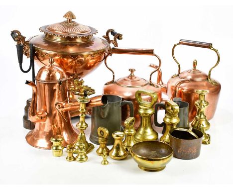 A collection of 19th century and later metalware, including rush light, twin handled copper tea urn, assorted bell weights, e