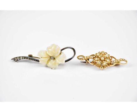 A Victorian yellow gold seed pearl set bar brooch, approximate weight 3.5g and a floral pendant with carved opal (2).