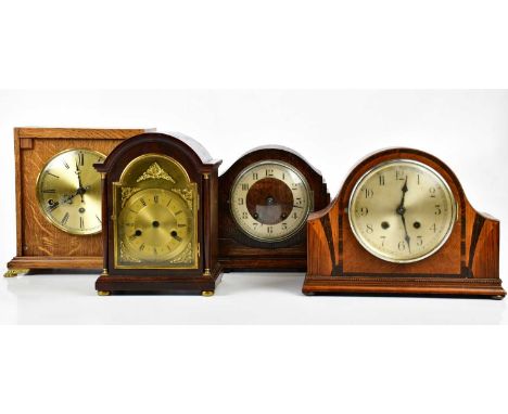 BRAVINGTONS; an oak cased mantel clock set with Roman numerals, height 26cm, two further oak cased mantel clocks and a mahoga