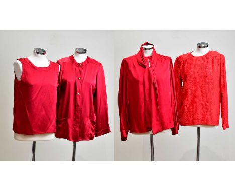 CHANEL; a 100% red silk vest top, measures 38" bust, and matching red jacket with gold tone buttons with CC logo, front pocke