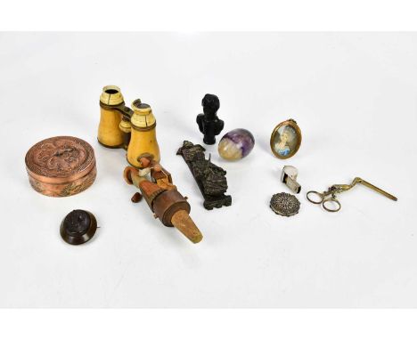 An assortment of collectors' items, including Blue John egg, a hallmarked silver pincushion from a chatelaine, portrait minia