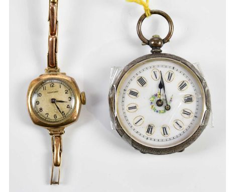 A vintage lady's 9ct yellow gold wristwatch on sprung bracelet, and a damaged silver fob watch (2)Condition Report: Bracelet 