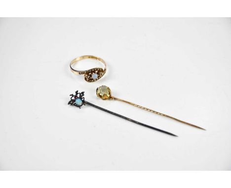 A 9ct gold opal and seed pearl dress ring, size N, approximate weight 1.7g, and two stick pins (3).