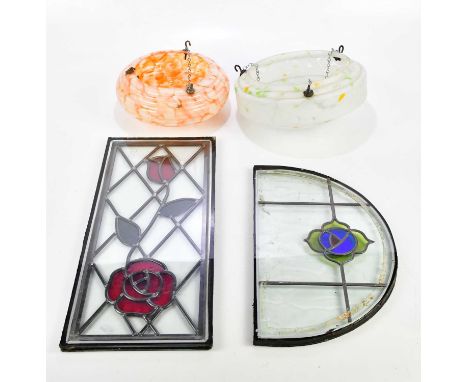 Two Art Deco circular glass light shades and two leaded glazed windows set within double glazed panels (4).