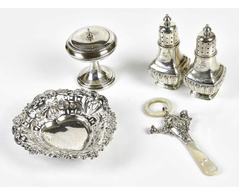 CHARLES S GREEN &amp; CO; a pair of George VI hallmarked silver pepperettes with gadrooned decoration, Birmingham 1936, a sil