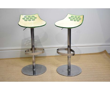 A pair of ‘Jam’ design chrome and plastic stools in the manner of Calligaris, height 90cm (2)Condition Report: Fine hairline 