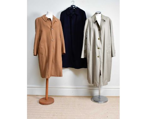 CHESTER BARRY, SAVILE ROW; a vintage beige gentleman's 100% cashmere full length lined coat, 42" reg chest, a Bugatti 100% wo