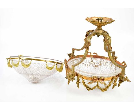 A good quality reproduction hanging ceiling lamp with gilt metal applied decoration and moulded glass shade, height 41cm, dia