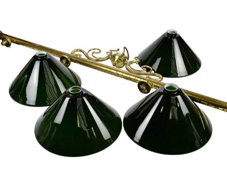 Four vintage green and white glass light shades, diameter 34.5cm, with a brass four light snooker table light, length 170cm (