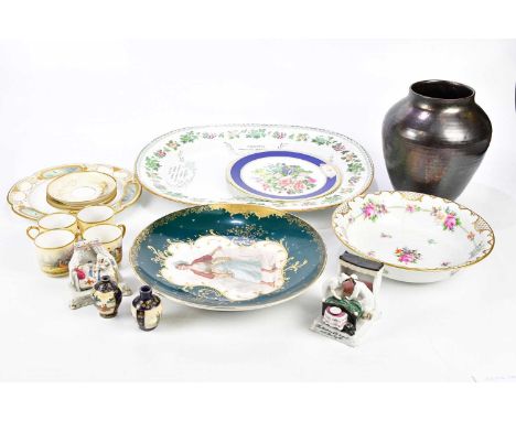 A collection of decorative ceramics, including a 19th century meat plate with presentation inscription, in 'Commemoration of 