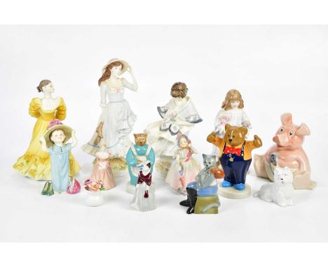 A collection of various ceramic figures including Royal Worcester figures 'Lullaby' and 'Summer', Coalport figures 'Wendy' an