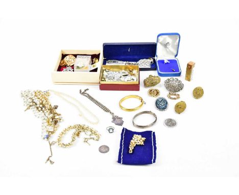 A small quantity of assorted costume jewellery, including simulated pearls, various badges, snap bangle etc.