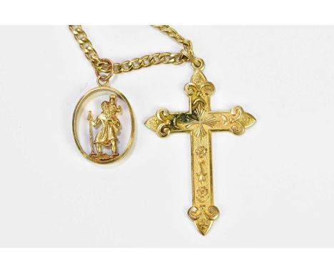 A 9ct yellow gold curb link chain, length 80cm, suspending a gold plated cross pendant and a 9ct gold St Christopher pendant,