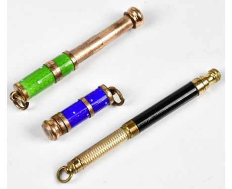 T CROSS; a late Victorian propelling pencil with black lacquered panel, length 7cm, and two miniature yellow metal and enamel