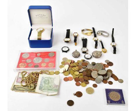 Two silver pocket watches, with a modern Rotary wristwatch, other watches and a selection of coins and bank notes (Qty)