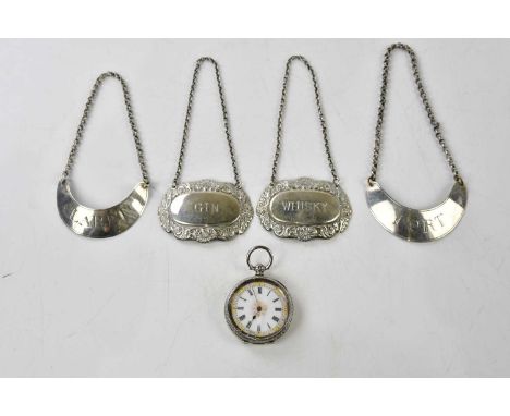 A Swiss silver cased lady's pocket watch, with white enamel and gilt dial, set with Roman numerals, together with two hallmar