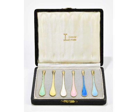 A cased set of six sterling silver and enamelled stylised demitasse spoons, with import marks for S.J. Rose, London 1942, in 