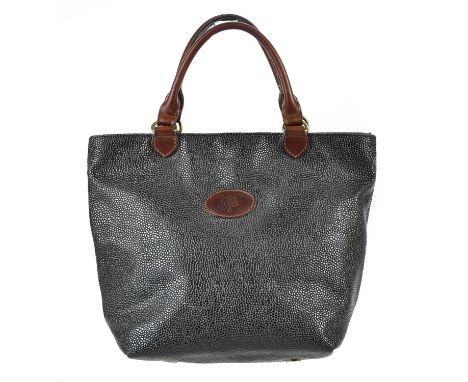 MULBERRY; a black Scotchgrain vintage bucket bag with tan Congo leather trim handles and embossed logo front, with tartan lin