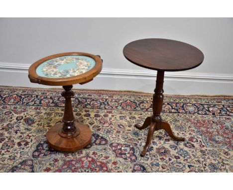 A Victorian mahogany tripod table, height 70cm, and a Victorian mahogany coffee table with tapestry top, height 60cm (2)